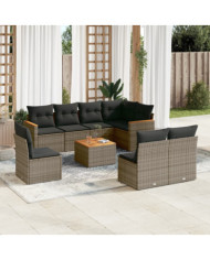 Salon de jardin 9 pcs avec coussins gris résine tressée | Mobilier & Déco