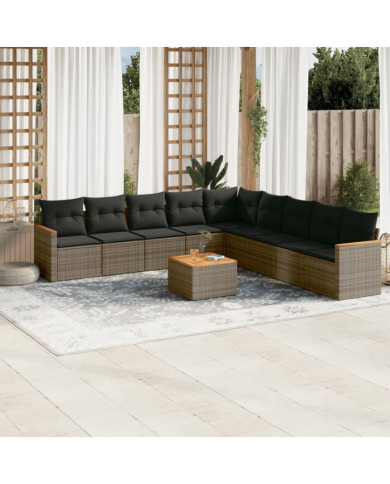 Salon de jardin avec coussins 10 pcs gris résine tressée | Mobilier & Déco