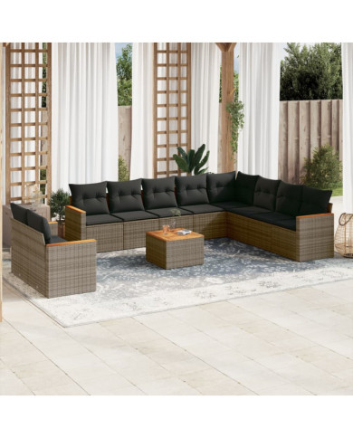 Salon de jardin 11 pcs avec coussins gris résine tressée | Mobilier & Déco