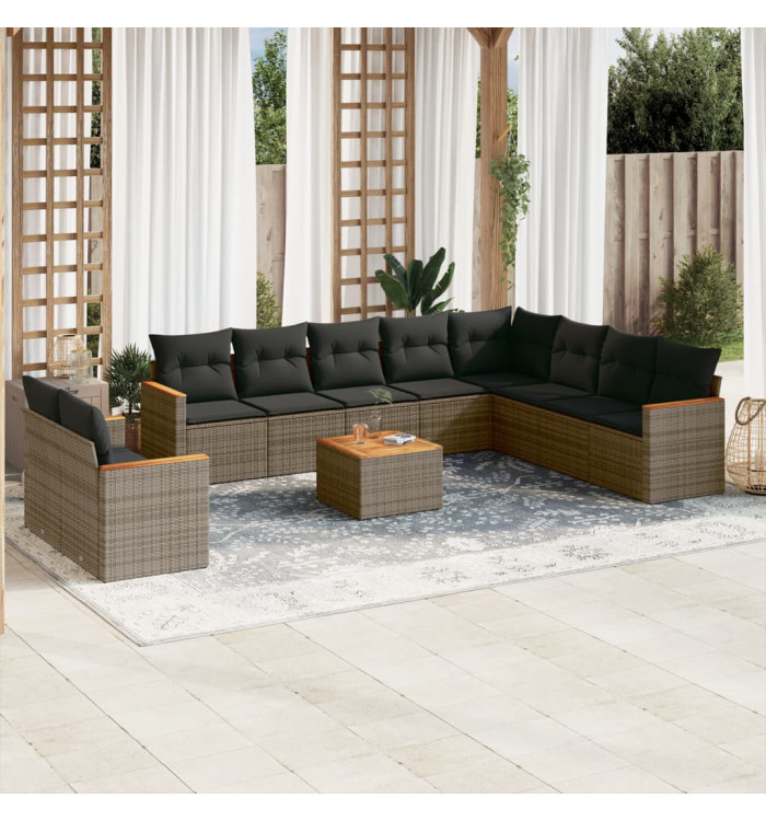 Salon de jardin 11 pcs avec coussins gris résine tressée | Mobilier & Déco