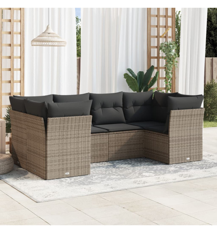 Salon de jardin 6 pcs avec coussins gris résine tressée | Mobilier & Déco