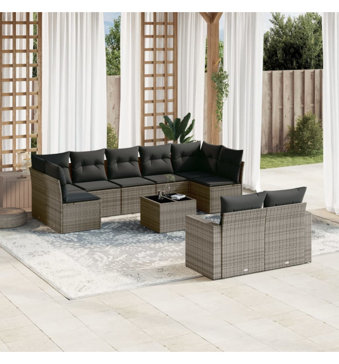 Salon de jardin avec coussins 10 pcs gris résine tressée | Mobilier & Déco