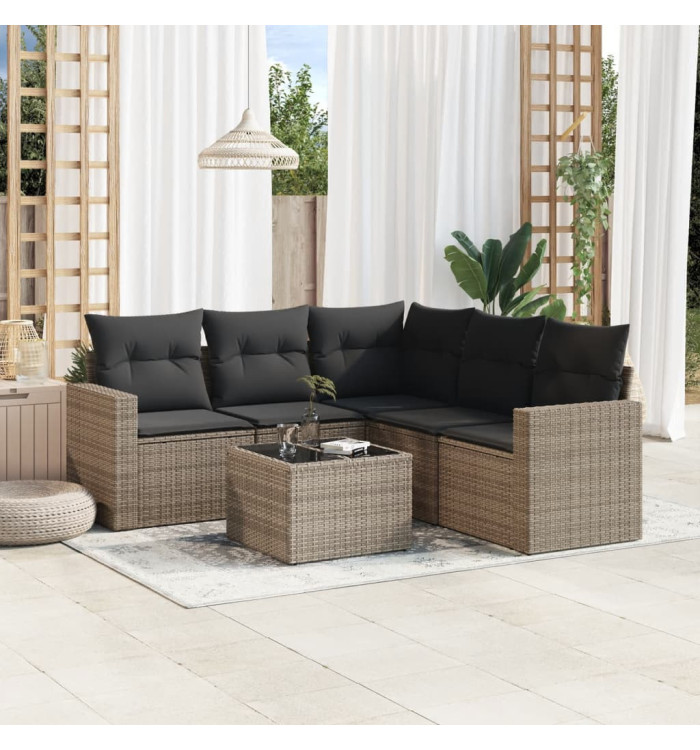 Salon de jardin 6 pcs avec coussins gris résine tressée | Mobilier & Déco