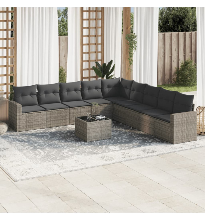 Salon de jardin avec coussins 10 pcs gris résine tressée | Mobilier & Déco