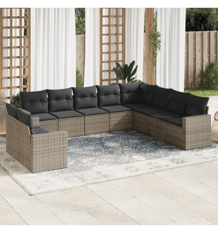 Salon de jardin avec coussins 10 pcs gris résine tressée | Mobilier & Déco