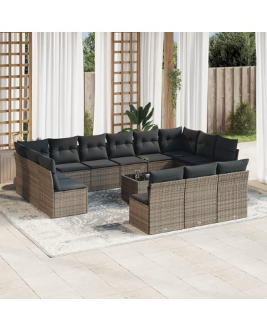 Salon de jardin avec coussins 14 pcs gris résine tressée | Mobilier & Déco
