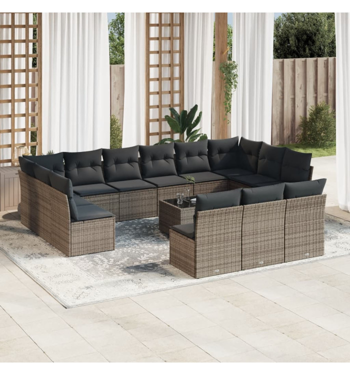 Salon de jardin avec coussins 14 pcs gris résine tressée | Mobilier & Déco
