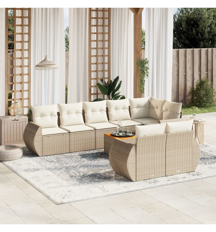 Salon de jardin avec coussins 9 pcs beige résine tressée | Mobilier & Déco