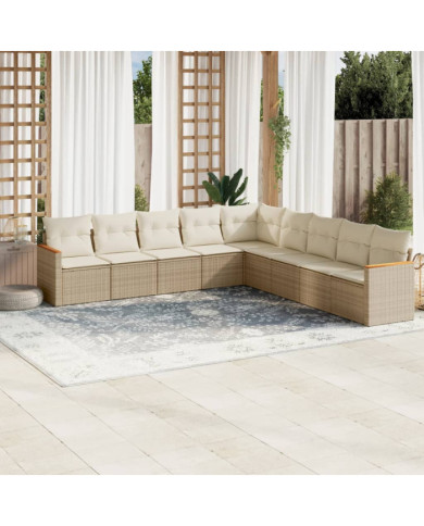 Salon de jardin avec coussins 9 pcs beige résine tressée | Mobilier & Déco