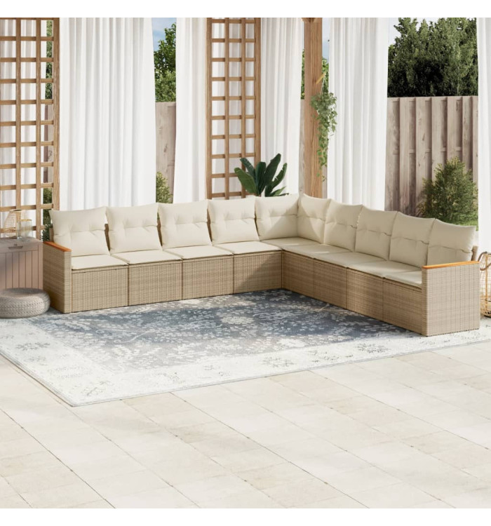 Salon de jardin avec coussins 9 pcs beige résine tressée | Mobilier & Déco
