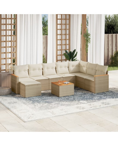 Salon de jardin avec coussins 9 pcs beige résine tressée | Mobilier & Déco