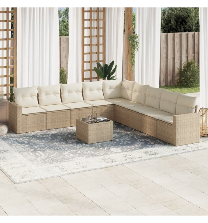 Salon de jardin avec coussins 10 pcs beige résine tressée | Mobilier & Déco