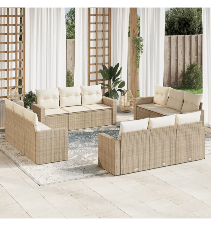 Salon de jardin avec coussins 12 pcs beige résine tressée | Mobilier & Déco