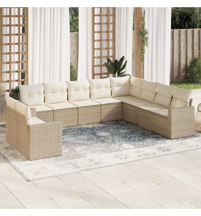 Salon de jardin avec coussins 10 pcs beige résine tressée | Mobilier & Déco