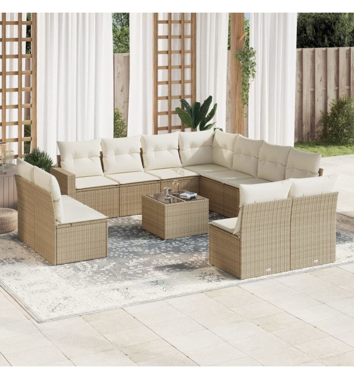 Salon de jardin avec coussins 12 pcs beige résine tressée | Mobilier & Déco