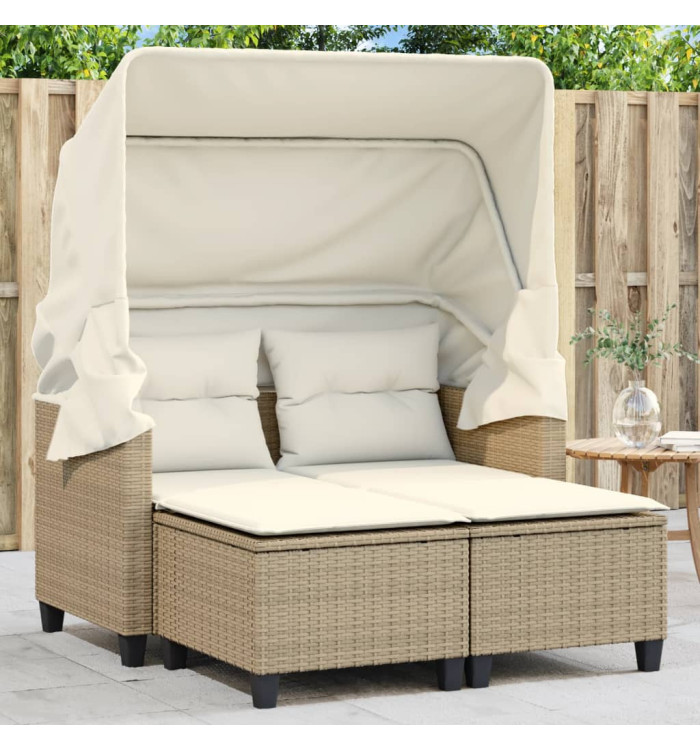 Canapé de jardin 2 places avec auvent et tabourets beige rotin | Mobilier & Déco