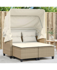 Canapé de jardin 2 places avec auvent et tabourets beige rotin | Mobilier & Déco