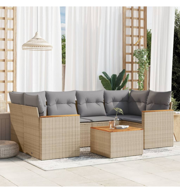Salon de jardin avec coussins 7 pcs beige résine tressée | Mobilier & Déco