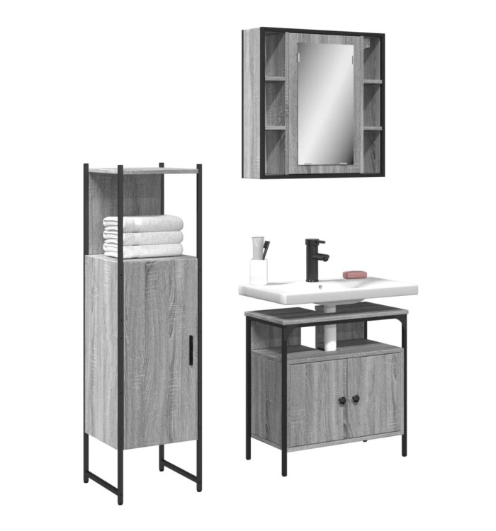 Ensemble d'armoires de salle de bain 3 pcs sonoma gris | Mobilier & Déco
