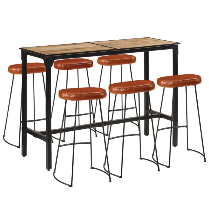 Ensemble de bar 7 pcs bois de manguier brut massif et métal | Mobilier & Déco
