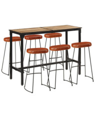 Ensemble de bar 7 pcs bois de manguier brut massif et métal | Mobilier & Déco