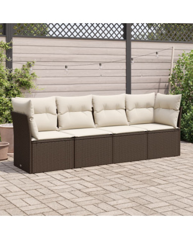 Salon de jardin 4 pcs avec coussins marron résine tressée | Mobilier & Déco