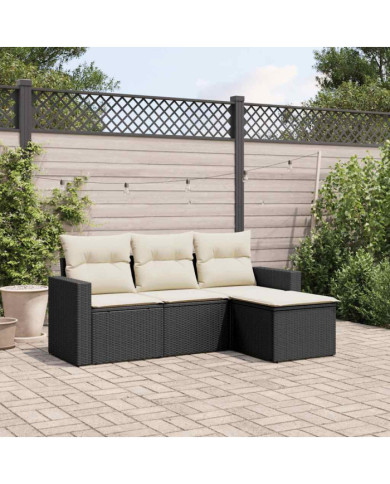 Salon de jardin 4 pcs avec coussins noir résine tressée | Mobilier & Déco