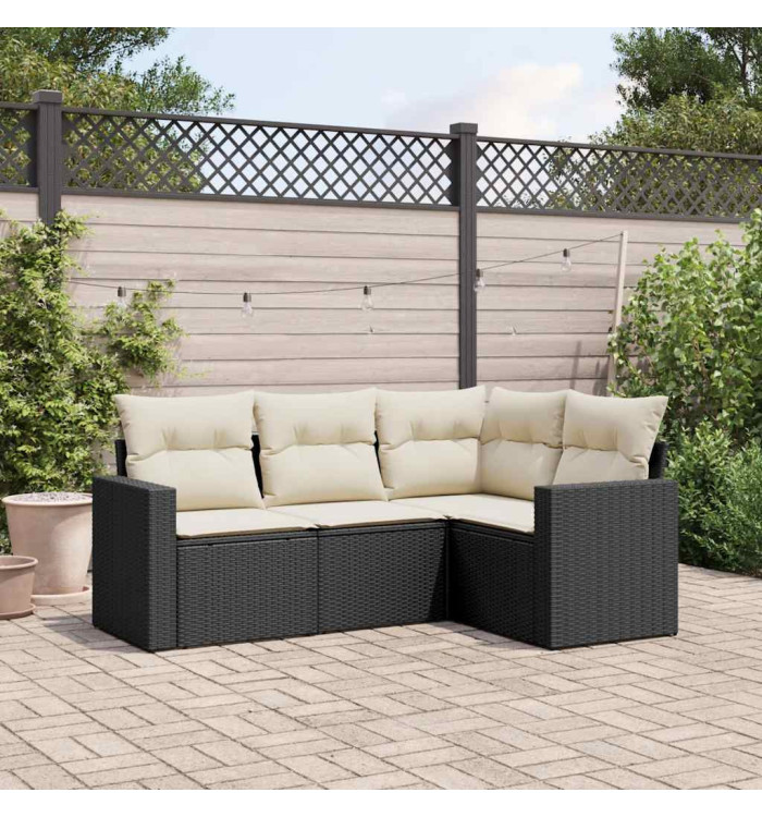 Salon de jardin 4 pcs avec coussins noir résine tressée | Mobilier & Déco
