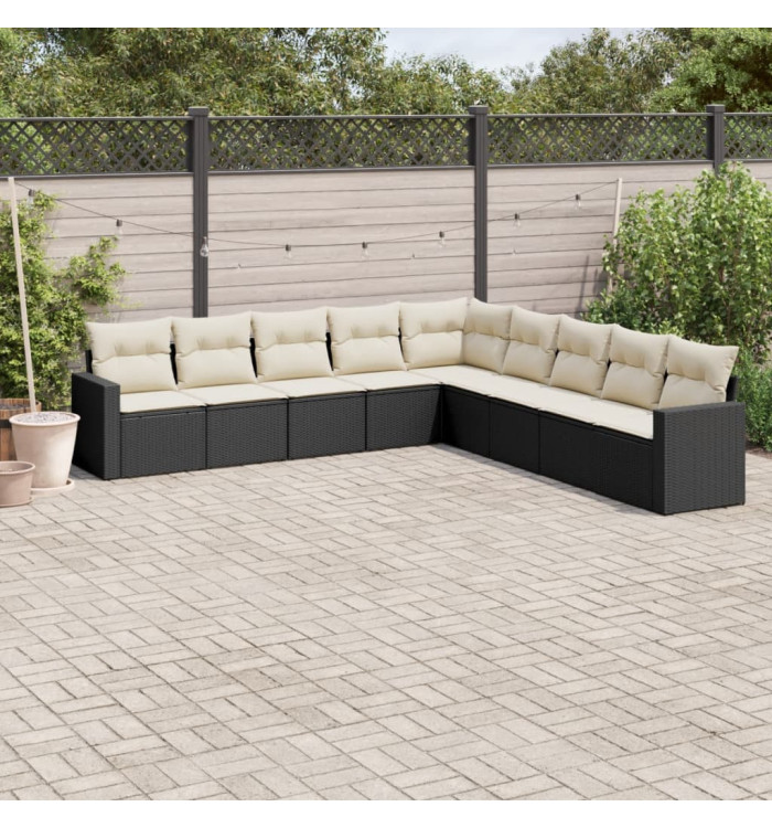Salon de jardin 9 pcs avec coussins noir résine tressée | Mobilier & Déco