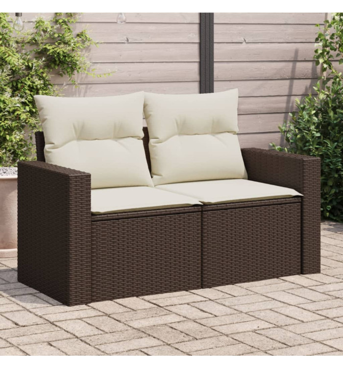 Canapé de jardin avec coussins 2 places marron résine tressée | Mobilier & Déco