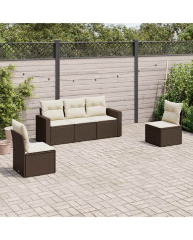 Salon de jardin avec coussins 5 pcs marron résine tressée | Mobilier & Déco