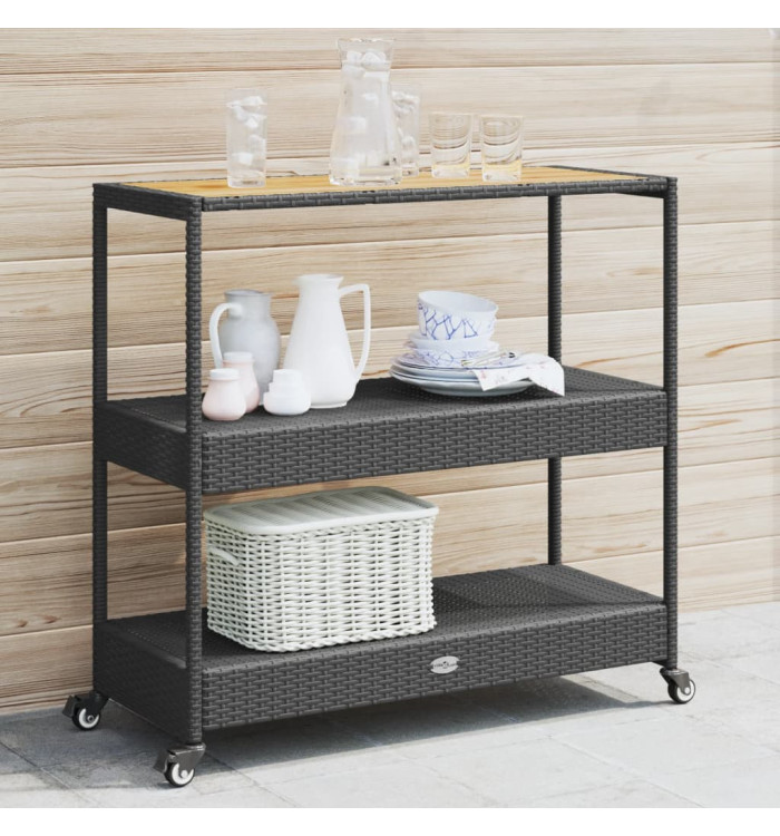 Chariot de bar 3 niveaux noir rotin et bois d'acacia massif | Mobilier & Déco