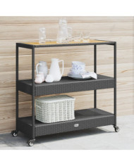 Chariot de bar 3 niveaux noir rotin et bois d'acacia massif | Mobilier & Déco
