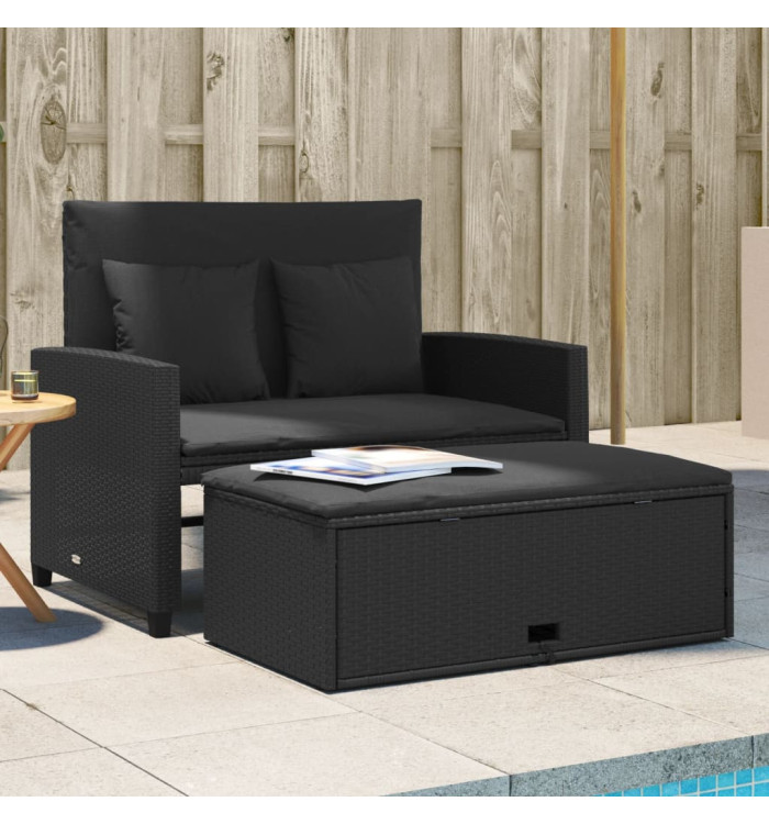 Canapé de jardin avec coussins 2 places noir résine tressée | Mobilier & Déco