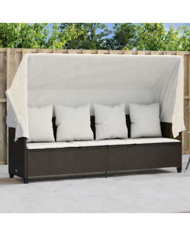 Chaise longue avec auvent et coussins marron résine tressée | Mobilier & Déco