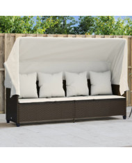Chaise longue avec auvent et coussins marron résine tressée | Mobilier & Déco