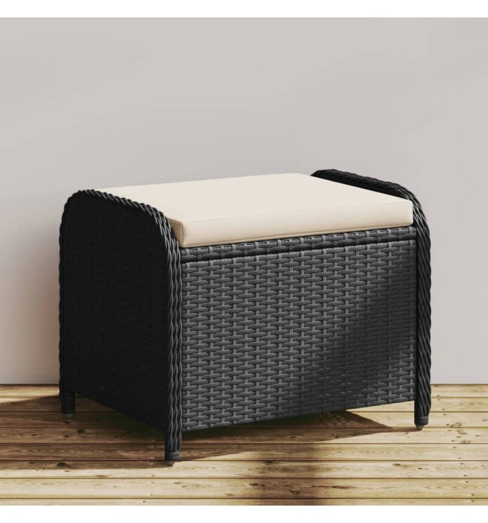 Tabouret de jardin avec coussin noir 58x46x46 cm résine tressée | Mobilier & Déco