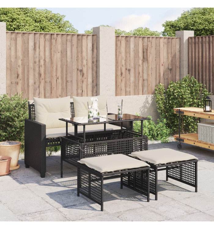 Salon de jardin avec coussins 4 pcs noir résine tressée verre | Mobilier & Déco