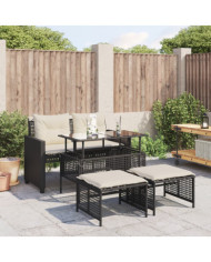 Salon de jardin avec coussins 4 pcs noir résine tressée verre | Mobilier & Déco