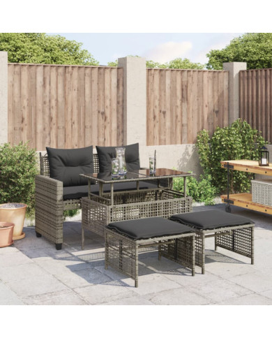 Salon de jardin avec coussins 4 pcs gris résine tressée verre | Mobilier & Déco