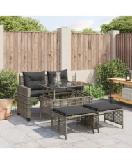 Salon de jardin avec coussins 4 pcs gris résine tressée verre | Mobilier & Déco