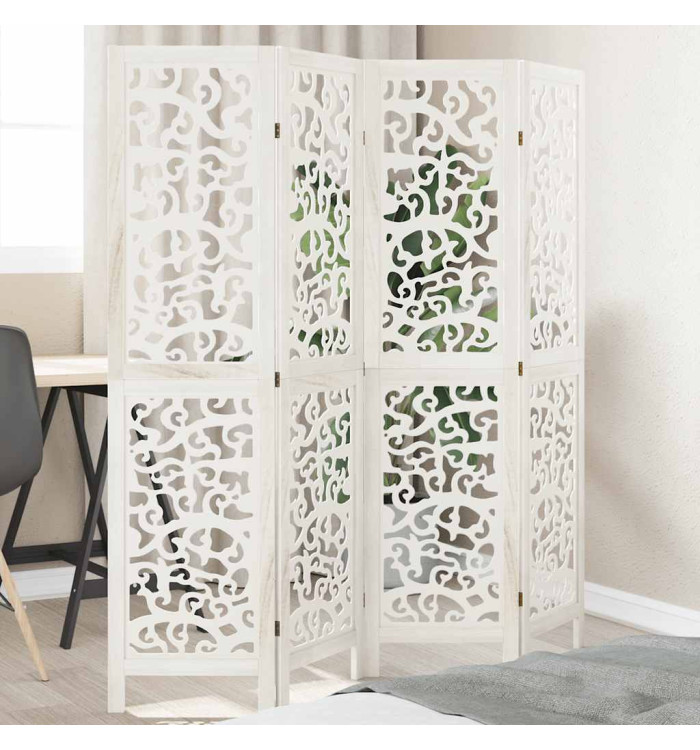 Cloison de séparation 4 panneaux blanc bois de paulownia massif | Mobilier & Déco