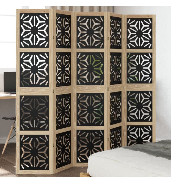 Cloison de séparation 5 panneaux marron noir paulownia massif | Mobilier & Déco