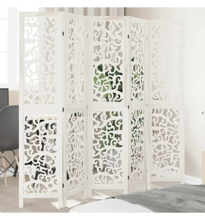 Cloison de séparation 5 panneaux blanc bois de paulownia massif | Mobilier & Déco