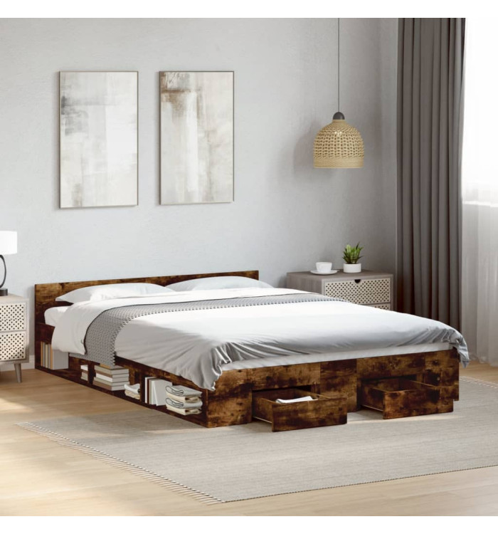 Cadre de lit avec tiroirs sans matelas chêne fumé 135x190 cm | Mobilier & Déco