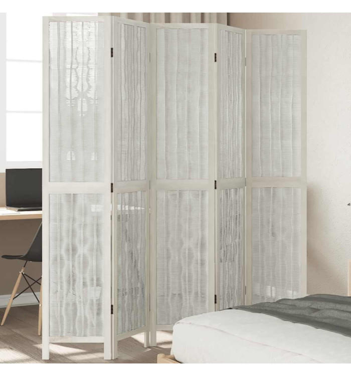 Cloison de séparation 5 panneaux blanc bois de paulownia massif | Mobilier & Déco