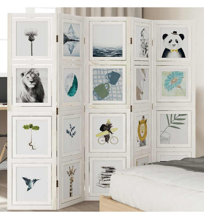 Cloison de séparation 5 panneaux blanc bois de paulownia massif | Mobilier & Déco