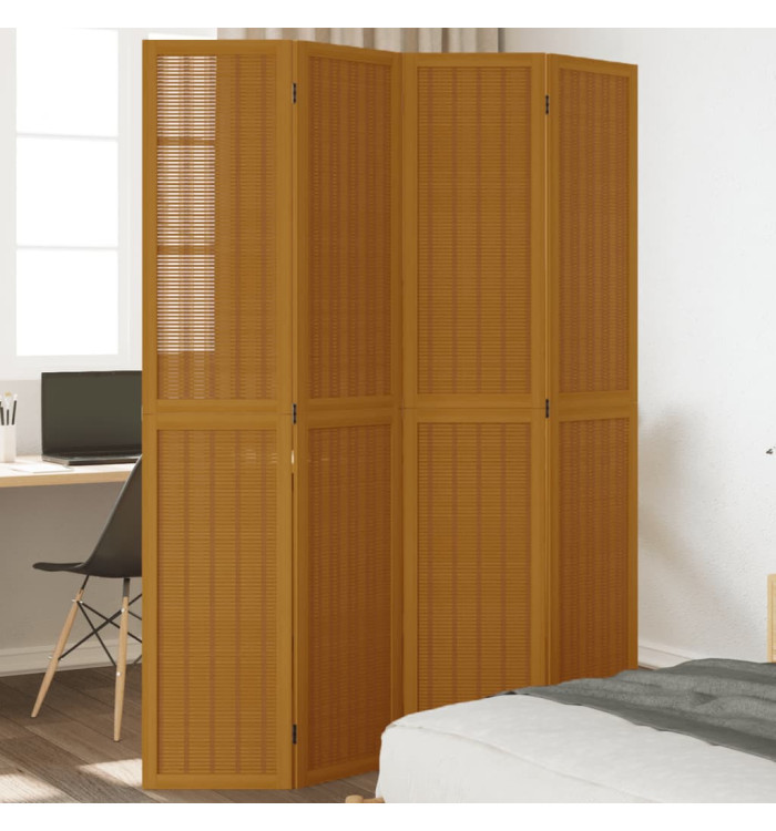Cloison de séparation 4 panneaux marron bois paulownia massif | Mobilier & Déco