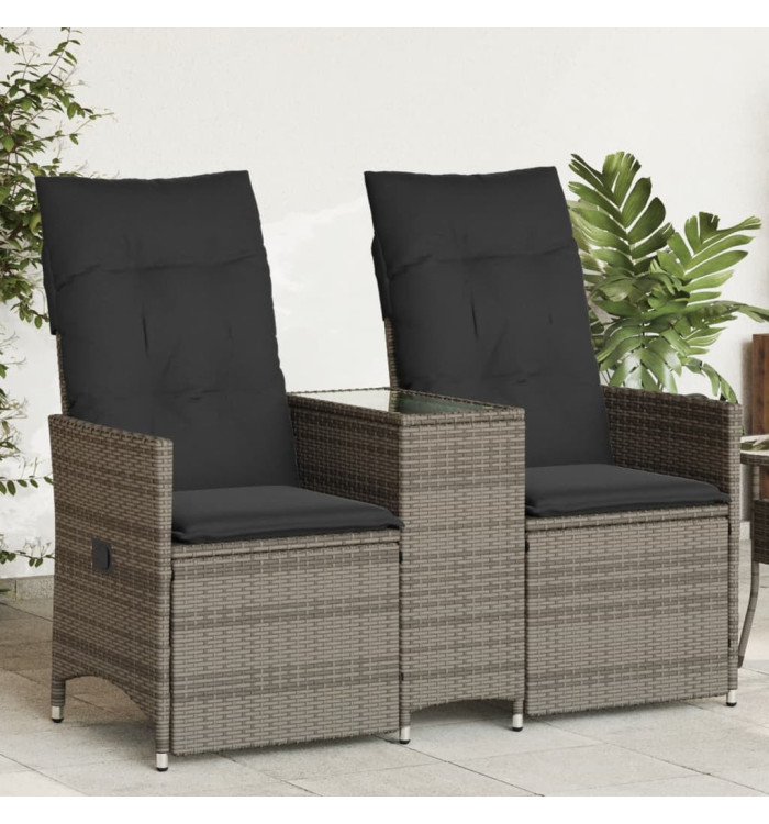 Canapé de jardin inclinable 2 places avec table gris poly rotin | Mobilier & Déco