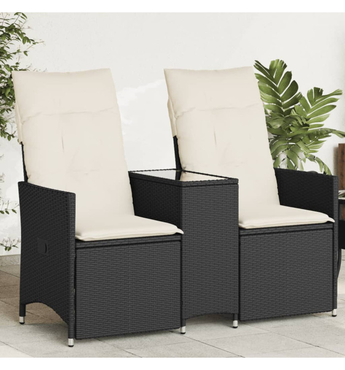 Canapé de jardin inclinable 2 places avec table noir poly rotin | Mobilier & Déco